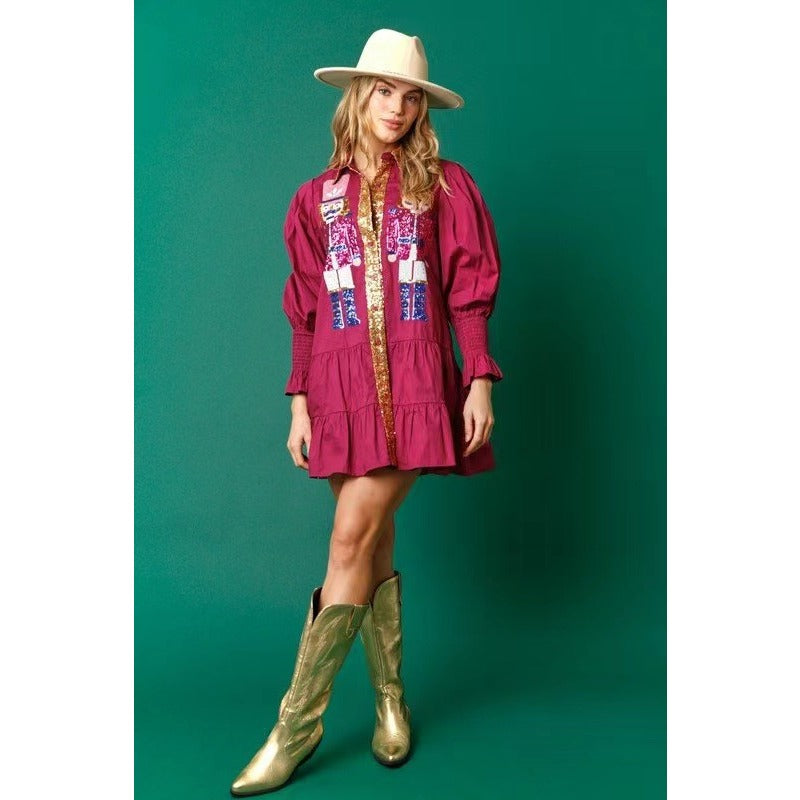 Wholesale Autumn/winter Contrasting Long Sleeved Lapel Christmas Sequin Women Clothes